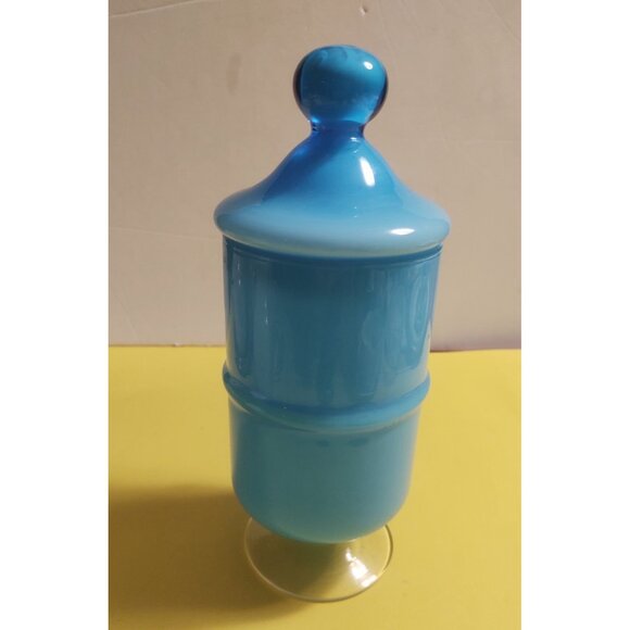 9" Gunnar Ander Design Encased Blue/Turquoise Opaline Art Glass Jar Lidded - Picture 3 of 12